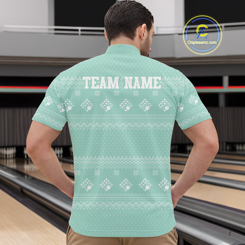 Custom Funny Santa Christmas Men Bowling Quarter-Zip Shirts, Mint Green Xmas Team Outfit IPHW10143