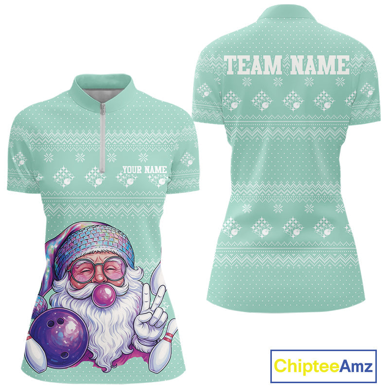 Custom Funny Santa Christmas Women Bowling Quarter-Zip Shirts, Green Xmas Team Outfit IPHW10143