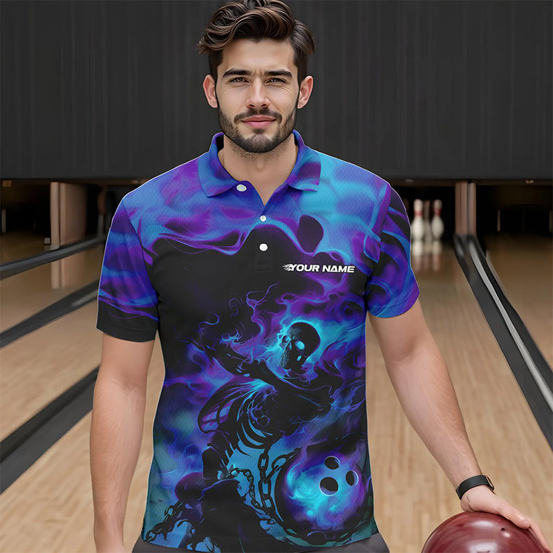 Black And Purple Flame Custom Skeleton Bowling Polo Shirt For Men, Skull Bowling League Shirt IPHW8408