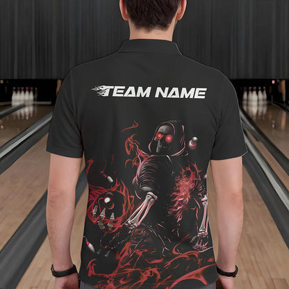 Custom Black And Red Flame Skeleton Bowling Polo Shirts For Men, Skull Bowling Jerseys IPHW8414