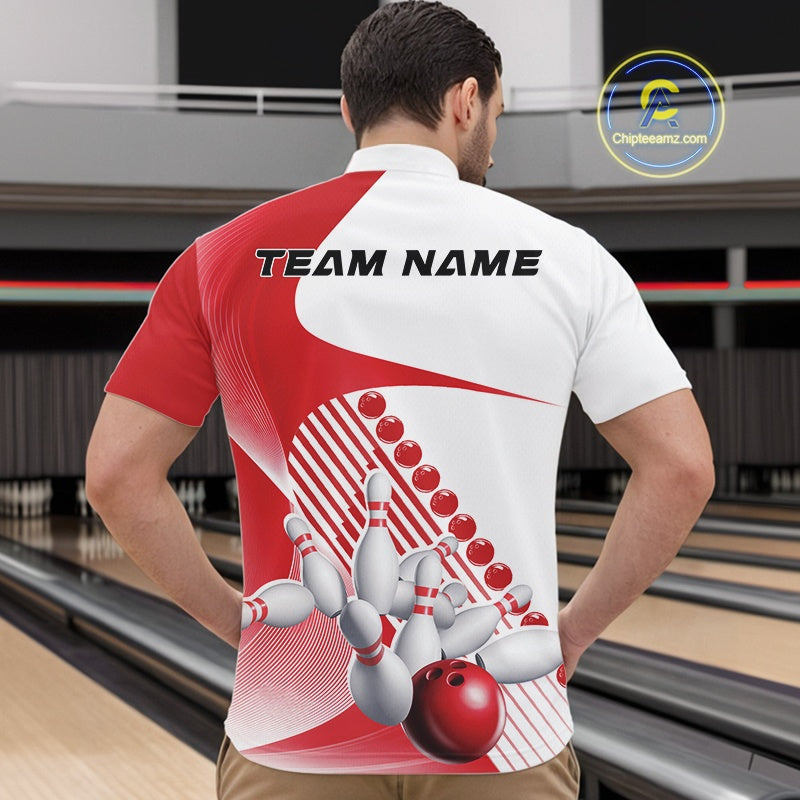 Male model in a bowling alley wearing a white and red quarter zip shirt, featuring dynamic geometric stripes and a bowling strike illustration.