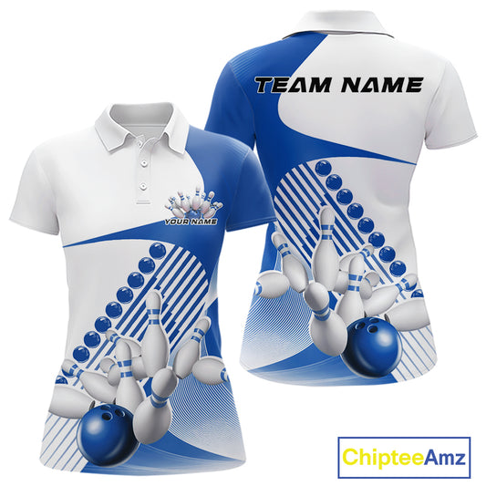 Front and back view of a womens bowling polo shirt mockup in white and blue, featuring asymmetric wavy geometric stripes with a dynamic bowling strike graphic.