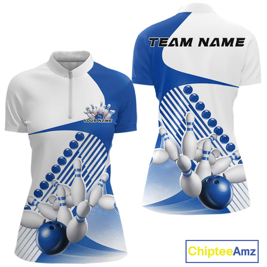 Women s white and blue bowling quarter zip mockup displayed from front and back with asymmetric wavy geometric stripes and dynamic bowling strike artwork.
