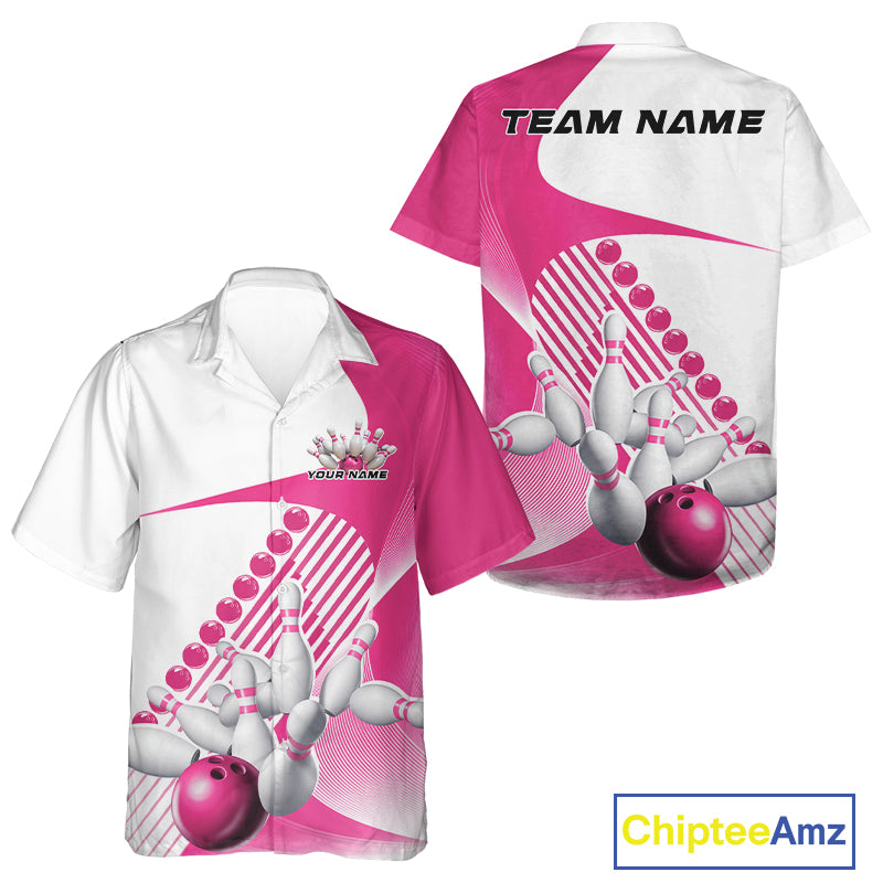 Front and back view of a button-up bowling shirt mockup in white and pink, featuring asymmetric wavy geometric stripes with a bowling strike graphic.