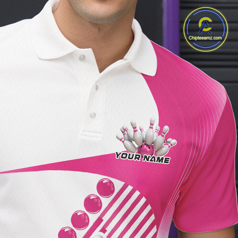 Close-up of the left chest area of a white and pink bowling polo shirt, featuring asymmetric wavy geometric stripes with a dynamic bowling strike graphic.