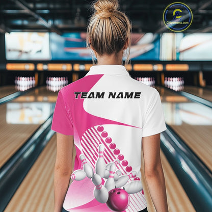 Back view of a women s white and pink bowling quarter zip showcasing asymmetric wavy stripes and dynamic bowling action graphics inside a bowling alley.