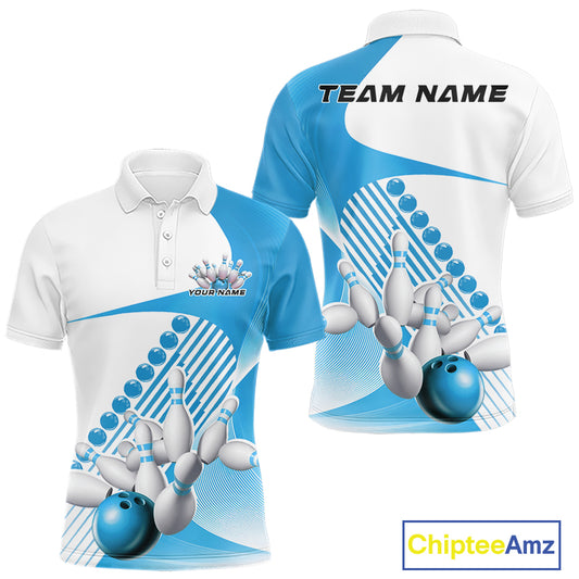 Front and back view of a mens bowling polo shirt mockup in white and light blue, featuring asymmetric wavy geometric stripes and a dynamic bowling strike design.