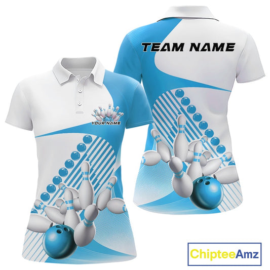 Front and back view of a womens bowling polo shirt mockup in white and light blue, featuring asymmetric wavy geometric stripes and a bowling strike graphic.