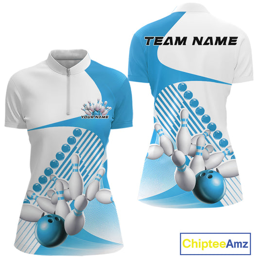 Women s bowling quarter zip mockup shown from front and back in white and light blue with asymmetric wavy geometric stripes and dynamic bowling strike artwork.