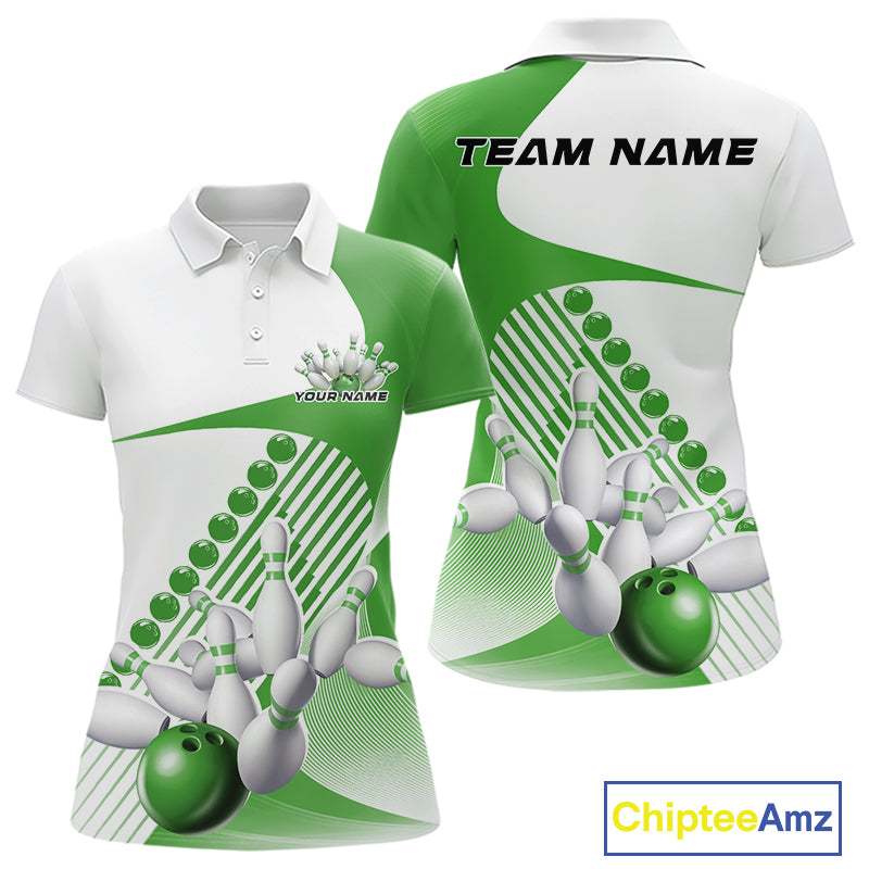 Front and back view of a womens bowling polo shirt mockup in white and green, featuring asymmetric wavy geometric stripes with a dynamic bowling strike graphic.