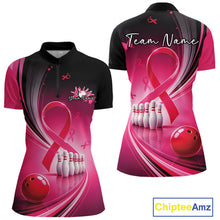 Load image into Gallery viewer, Front and back mockup of a women's black and pink bowling quarter zip featuring breast cancer awareness ribbons and bowling-themed artwork