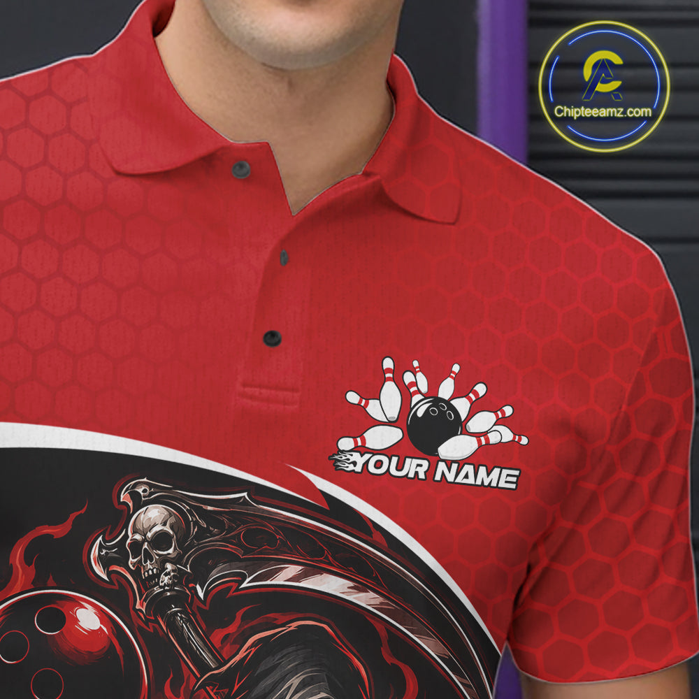 A close-up of a red short-sleeve polo shirt worn by a model, featuring a black and white grim reaper graphic with bowling elements on the lower front and a customizable 'YOUR NAME' text area.