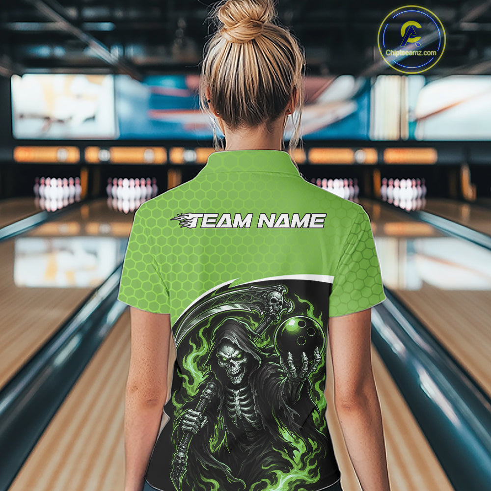 A woman viewed from behind wearing a bright green short-sleeve bowling shirt with a large black and green skull graphic on the back and 'TEAM NAME' printed across the shoulders. 
