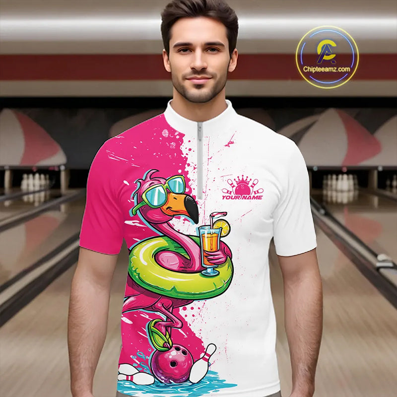 Custom Funny Flamingo Bowling Men Quarter-Zip Shirt, Flamingo Bowling Tourmanent Shirt IPHW10266