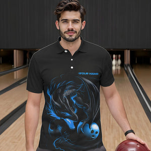 Custom Black And Blue Dragon Bowling Polo Shirts For Men, Dragon Bowling Tournament Team Shirt IPHW8419