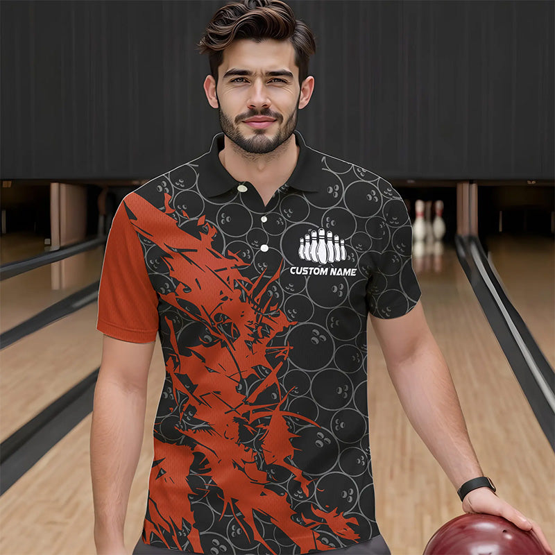 Black And Orange Custom Bowling Tournament Polo Shirts For Men, Bowling Pattern Team Jerseys IPHW8421
