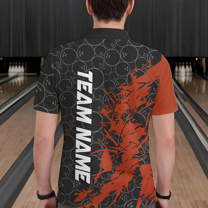 Black And Orange Custom Bowling Tournament Polo Shirts For Men, Bowling Pattern Team Jerseys IPHW8421