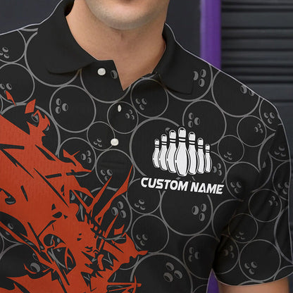 Black And Orange Custom Bowling Tournament Polo Shirts For Men, Bowling Pattern Team Jerseys IPHW8421