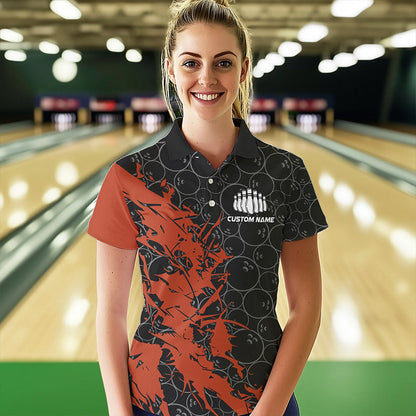 Black And Orange Custom Bowling Tournament Polo Shirts For Women, Bowling Team Jerseys IPHW8421