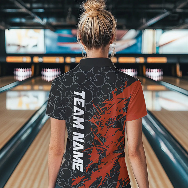 Black And Orange Custom Bowling Tournament Polo Shirts For Women, Bowling Team Jerseys IPHW8421