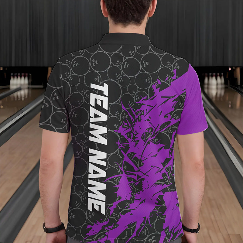 Black And Purple Custom Bowling Tournament Polo Shirts For Men, Bowling Pattern Team Jerseys IPHW8423