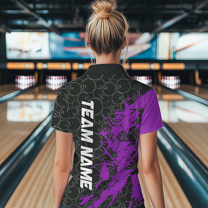 Black And Purple Custom Bowling Tournament Polo Shirts For Women, Bowling Team Jerseys IPHW8423