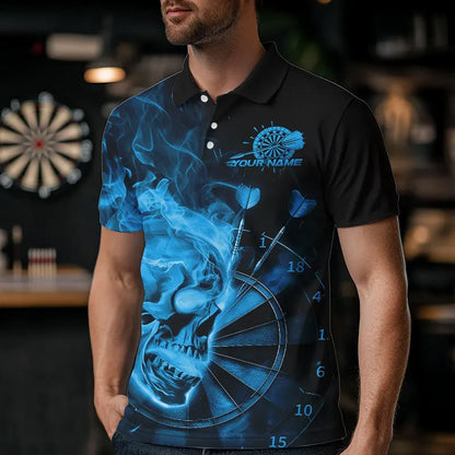 Custom Black And Blue Flame Skull Dart Polo Shirts For Men, Fire Dart Team Shirts IPHW8432