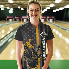 Load image into Gallery viewer, Yellow Line American Flag Custom Patriotic Flame Women Bowling Polo Shirt, US Bowling Shirt IPHW8636