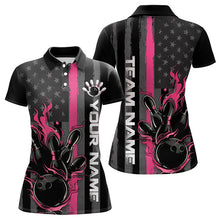 Load image into Gallery viewer, Pink Line American Flag Custom Patriotic Flame Womens Bowling Polo Shirt, US Bowling Shirt IPHW8637