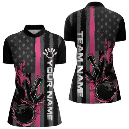 Pink Line American Flag Custom Patriotic US Flame Bowling Womens Quarter-Zip Shirts IPHW8637