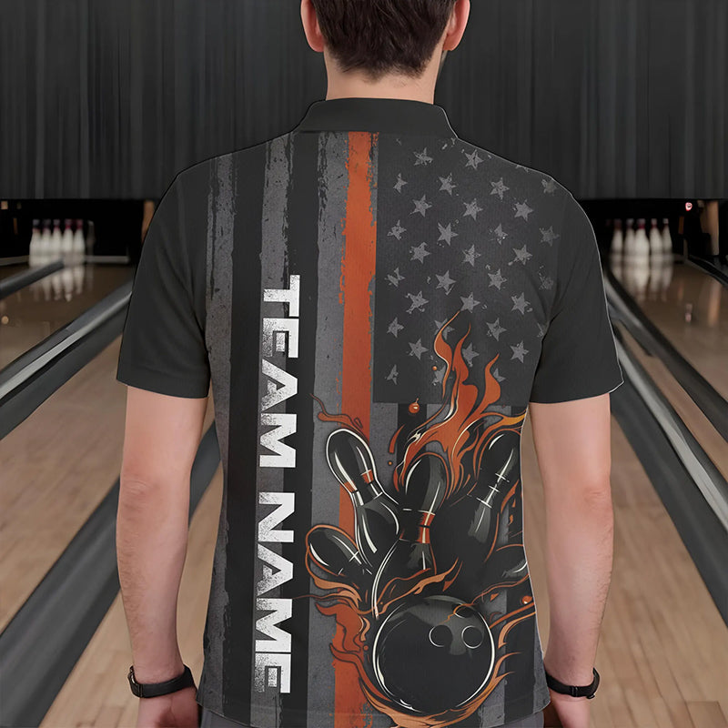 Brown Line American Flag Custom Patriotic Flame Bowling Polo Shirts For Men, US Bowling Shirt IPHW8638