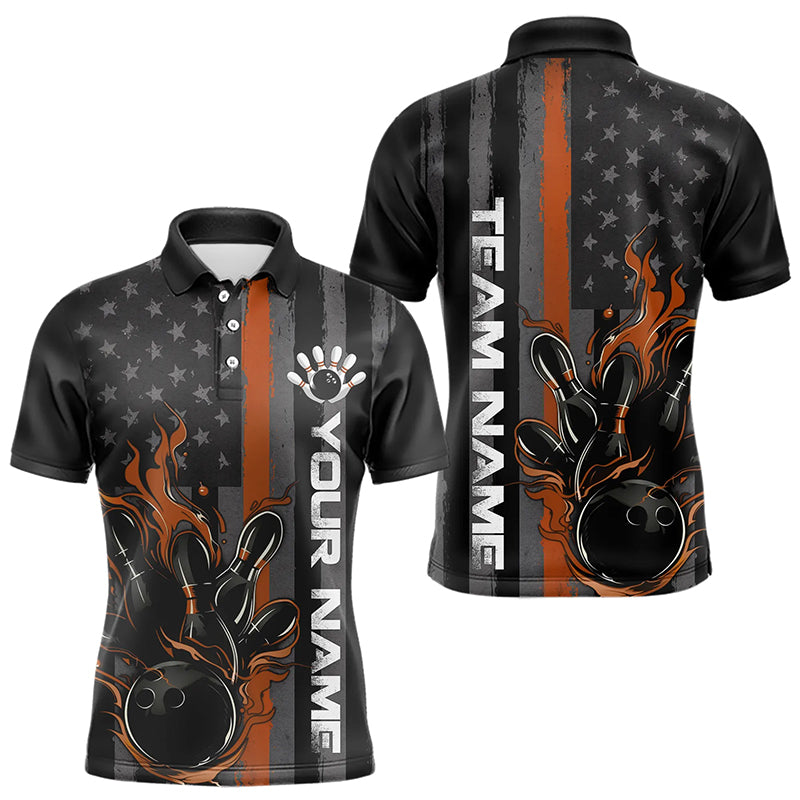 Brown Line American Flag Custom Patriotic Flame Bowling Polo Shirts For Men, US Bowling Shirt IPHW8638