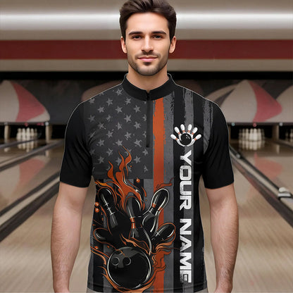 Brown Line American Flag Custom Patriotic Flame Bowling Quarter-Zip Shirts For Men, US Bowling Shirt IPHW8638