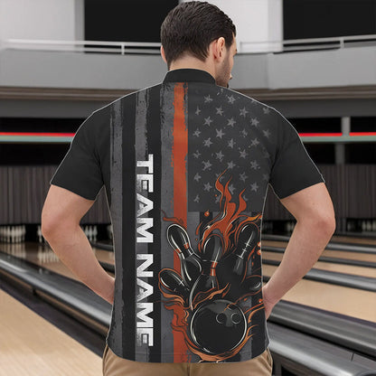 Brown Line American Flag Custom Patriotic Flame Bowling Quarter-Zip Shirts For Men, US Bowling Shirt IPHW8638