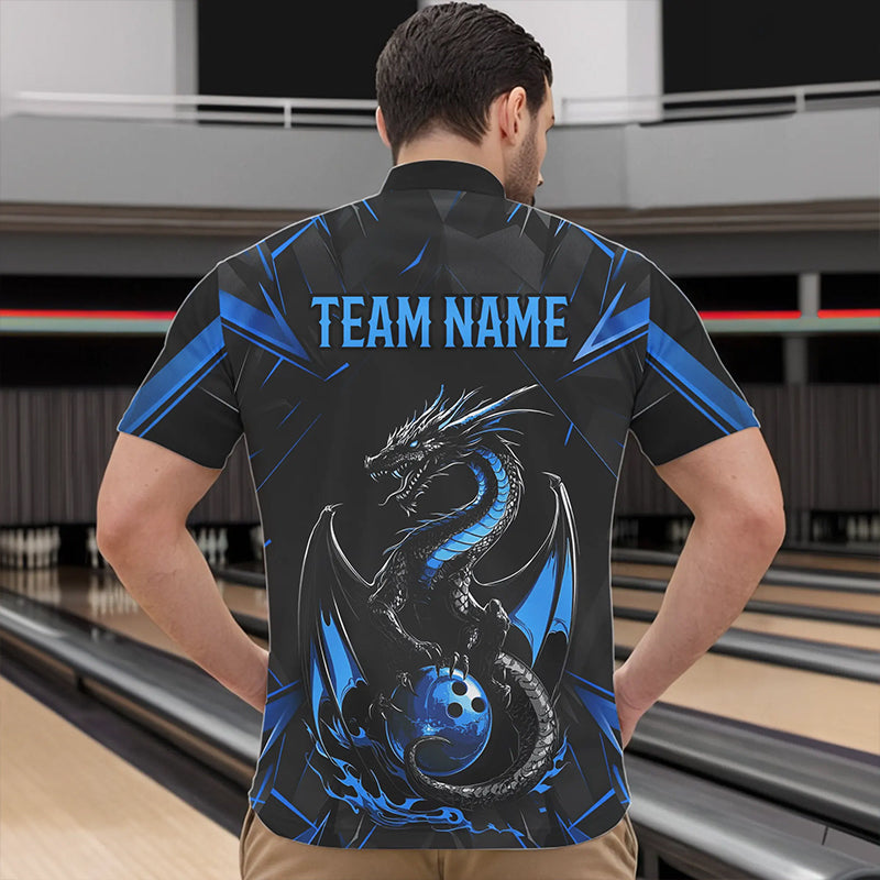 Custom Black And Blue Dragon Bowling Quarter-Zip Shirts For Men, Dragon Bowling Team Uniform IPHW8639