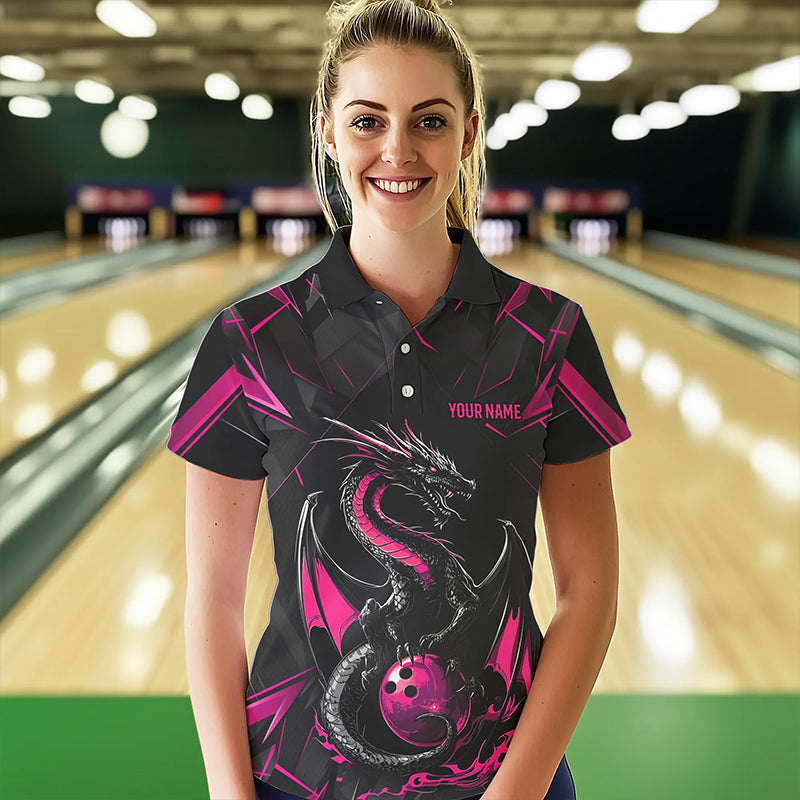 Custom Black And Pink Dragon Bowling Polo Shirts For Women, Dragon Bowling Team Uniform IPHW8640