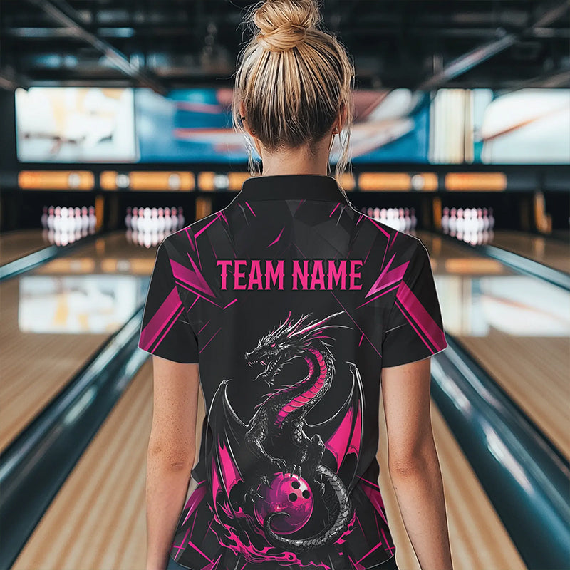 Custom Black And Pink Dragon Bowling Polo Shirts For Women, Dragon Bowling Team Uniform IPHW8640