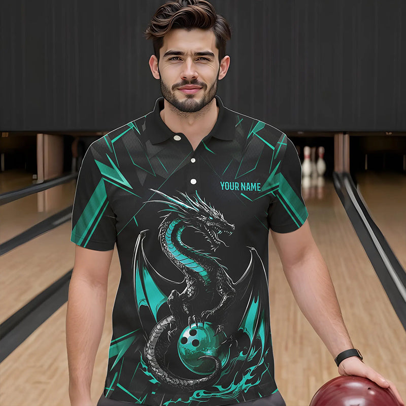 Custom Black And Turquoise Blue Dragon Bowling Polo Shirts For Men, Bowling Team Uniform IPHW8642