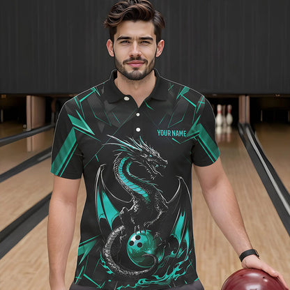 Custom Black And Turquoise Blue Dragon Bowling Polo Shirts For Men, Bowling Team Uniform IPHW8642