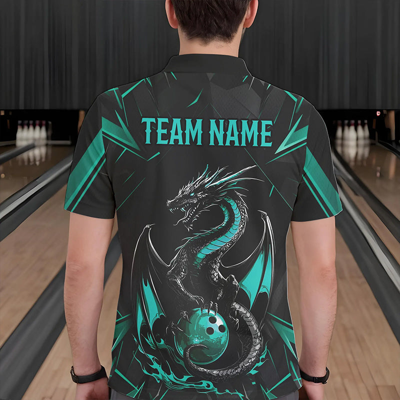 Custom Black And Turquoise Blue Dragon Bowling Polo Shirts For Men, Bowling Team Uniform IPHW8642