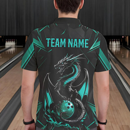 Custom Black And Turquoise Blue Dragon Bowling Polo Shirts For Men, Bowling Team Uniform IPHW8642