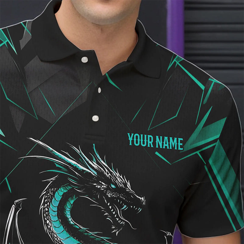 Custom Black And Turquoise Blue Dragon Bowling Polo Shirts For Men, Bowling Team Uniform IPHW8642