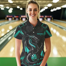 Load image into Gallery viewer, Custom Black And Turquoise Blue Dragon Bowling Polo Shirts For Women, Bowling Team Uniform IPHW8642