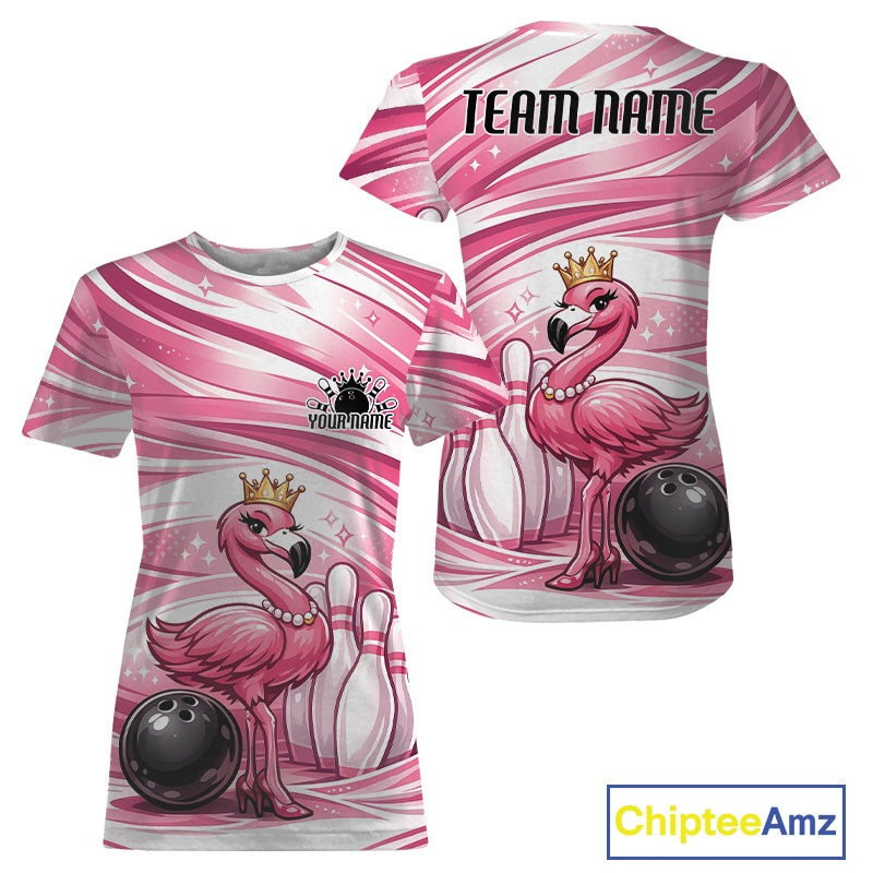 Front and back mockup of a pink women’s crewneck bowling T-shirt featuring a crowned flamingo standing beside a bowling ball and bowling pins.