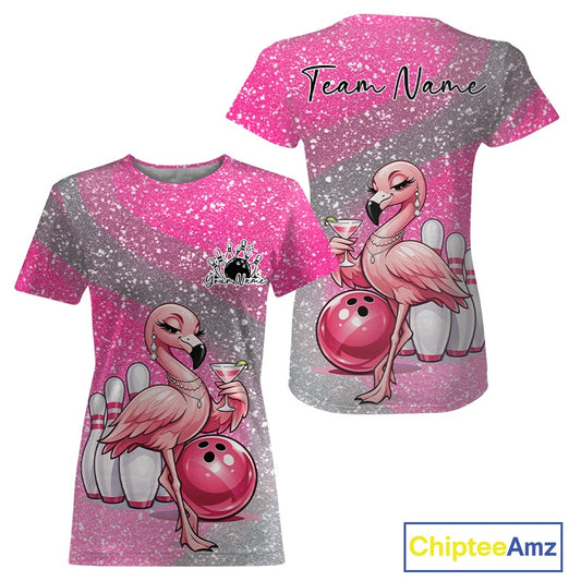 Front and back view of a pink women’s crewneck bowling T-shirt featuring an elegant flamingo holding a cocktail beside a bowling ball.