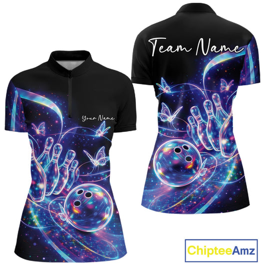 Front and back mockup of a women's black bowling quarter zip featuring starry galaxy artwork, neon swirls, and hologram butterflies