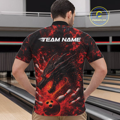 Custom Black And Red Flame Dragon Bowling Men Quarter-Zip Shirt, Dragon Bowling League Shirt IPHW10277