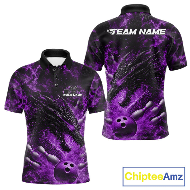 Custom Black And Purple Flame Dragon Bowling Men Polo Shirt, Dragon Bowling League Shirt IPHW10278