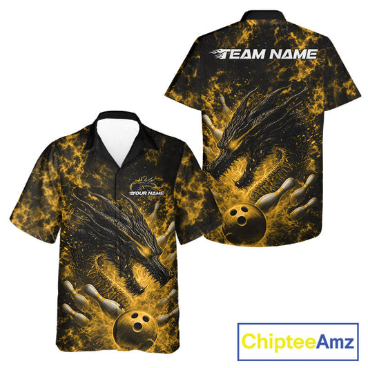 Custom Black And Yellow Flame Dragon Bowling Men And Women Hawaiian Shirt, Dragon Bowling League Shirt IPHW10279