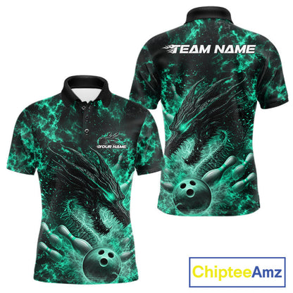 Custom Black And Green Flame Dragon Bowling Men Polo Shirt, Dragon Bowling League Shirt IPHW10280